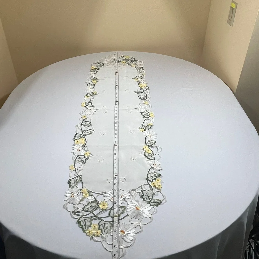 WMG Table Runner Home 57x14 White Yellow Green Embroidered Daisy Floral Lace